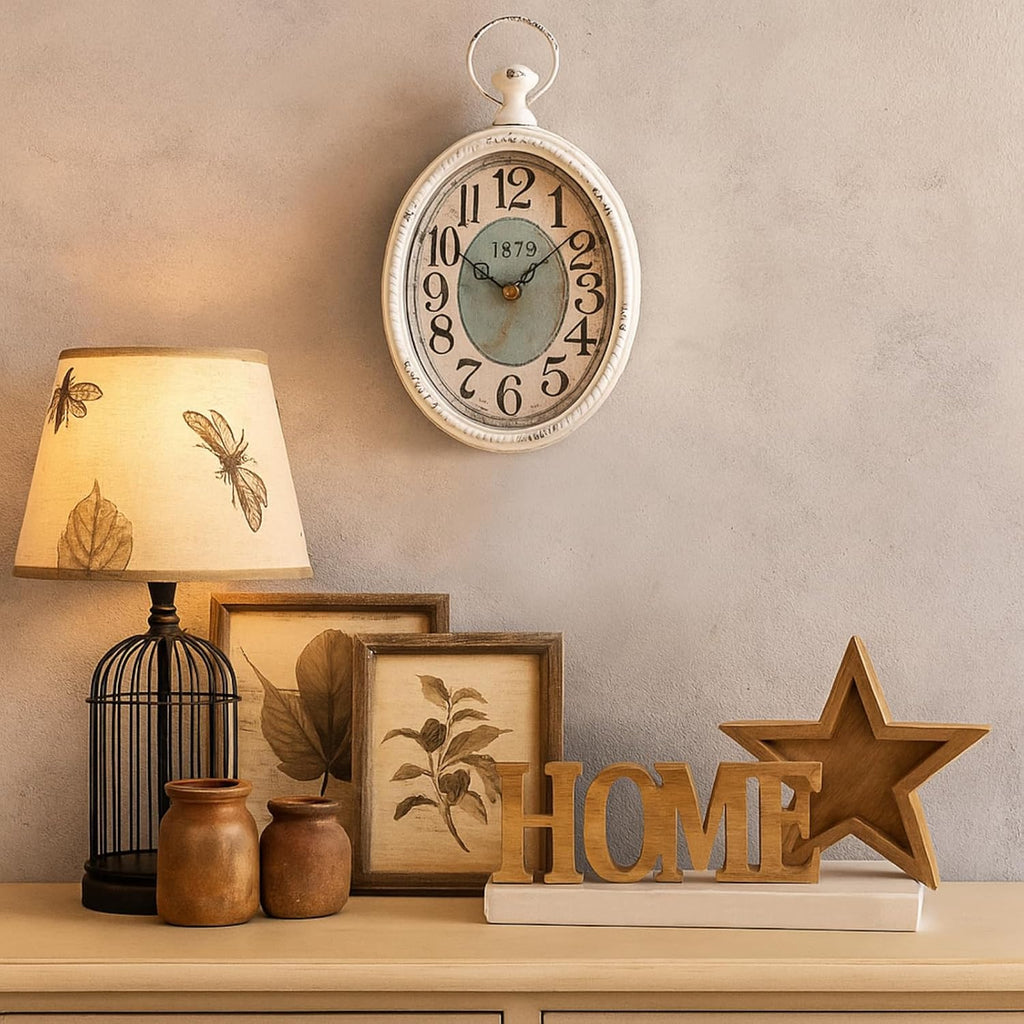 Oval Retro Wall Clock, Rustic Silent Clocks, Elegant Vintage Style, White Antique Design