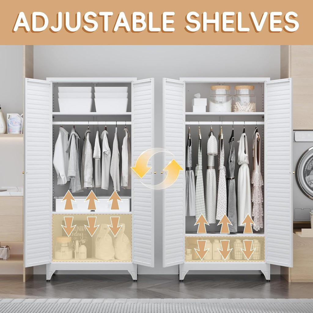 71"Armoire Wardrobe Close,White Wardrobe Cabinet with Hanging Rod | Metal Closet Cabinet with Doors and Adjustable