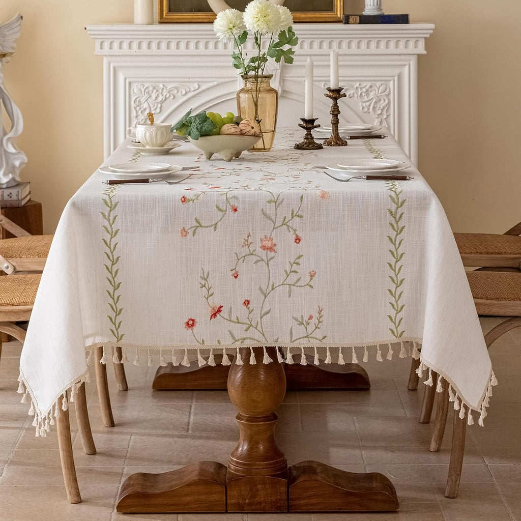 Linen Spring Flowers Tablecloth with Tassels, Rustic Farmhouse Embroidery Waterproof Table Cloths fo