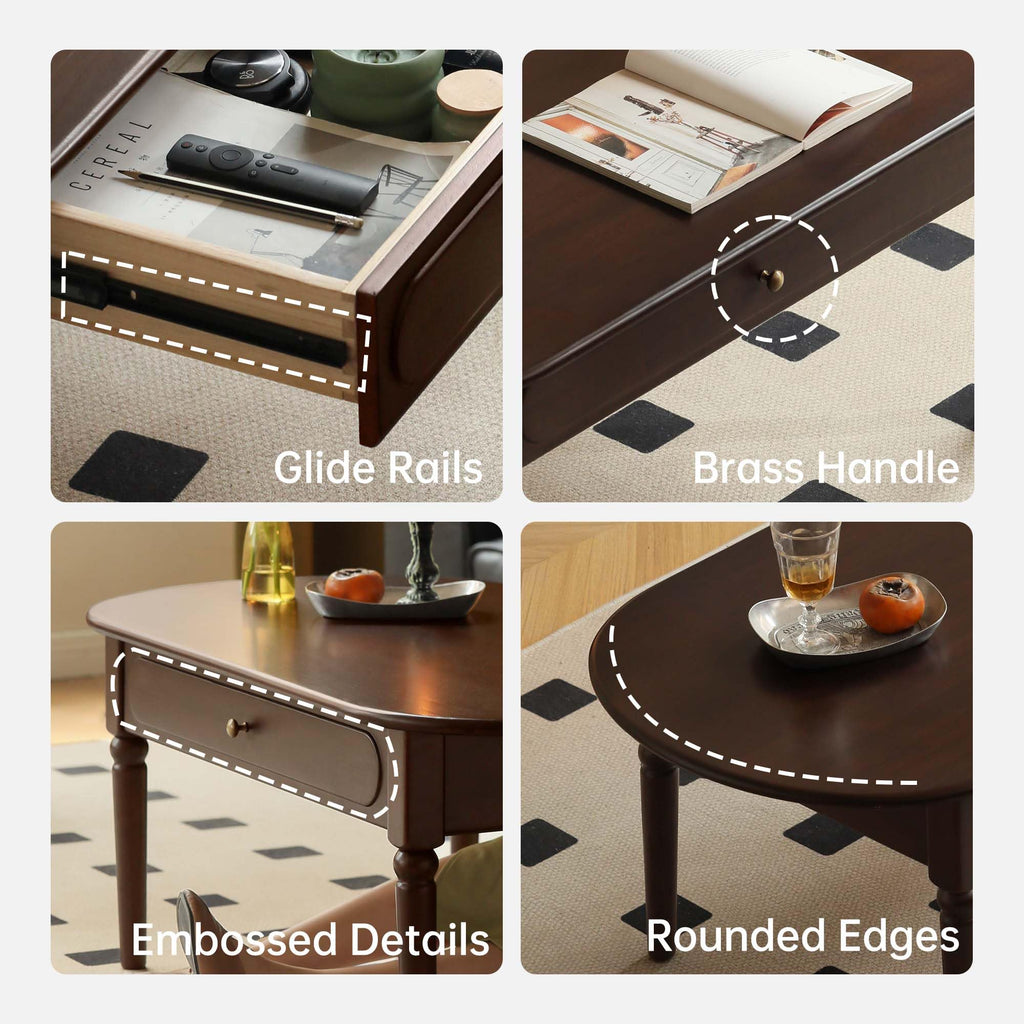 Solid Wood Coffee Table with Drawer, Retro Coffee Table with Vintage Detailings, Large Rectangular Living Room