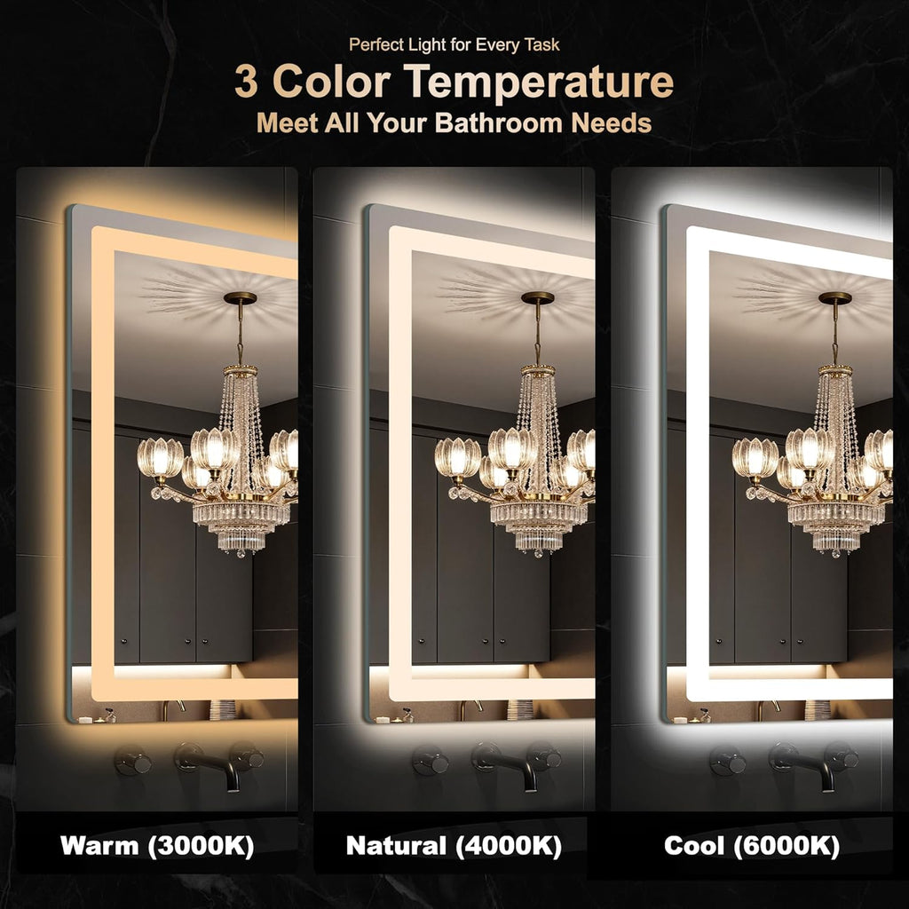 LED Bathroom Mirror with Lights, 30x50 Vanity Mirror Wall, Anti-Fog, Dimmable, Front Lit & Backlit, Memory Function