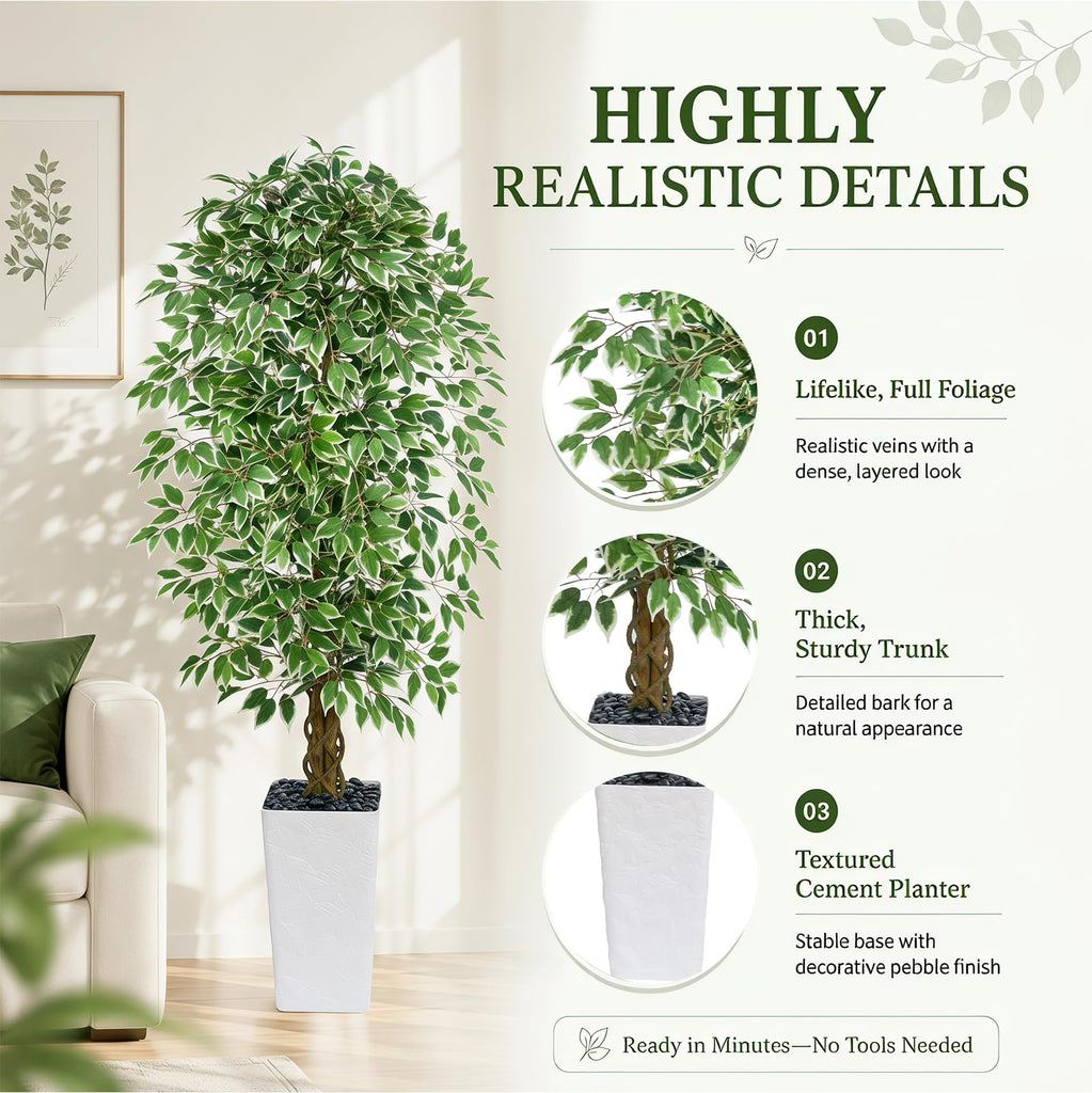 Artificial Ficus Tree 6FT, Large Fake Tree Decor (White Planter)