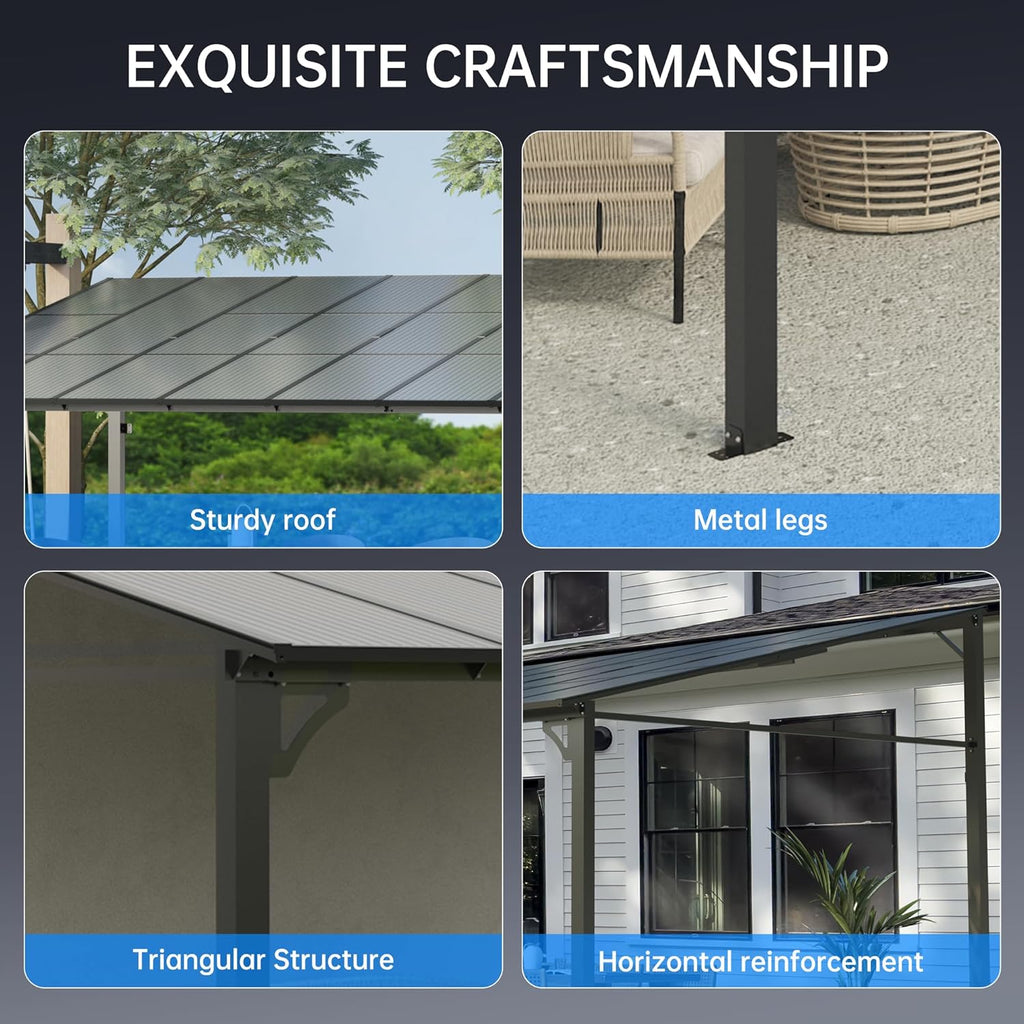 12'X14' Lean to Gazebo, Wall-Attached Hardtop Pergola with Anti-UV Polycarbonate Roof
