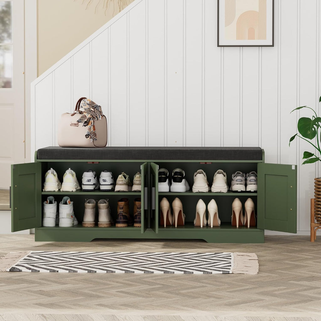2-Tier Storage Bench, Shoe Bench with Thickened Padded Seat Cushion, Entryway Bench with 4 Doors, Adjustable Shelf