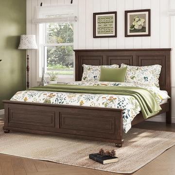 Farmhouse King Bed Frame with Tall Headboard, Wood Platform Bed and Footboard & Charging Station, Mid-Centery Rustic