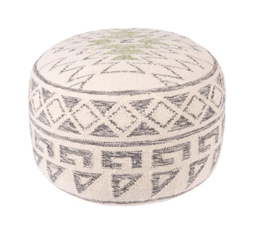Round Wool Blend Kilim Pouf Ottoman with Geometric Design, Gray