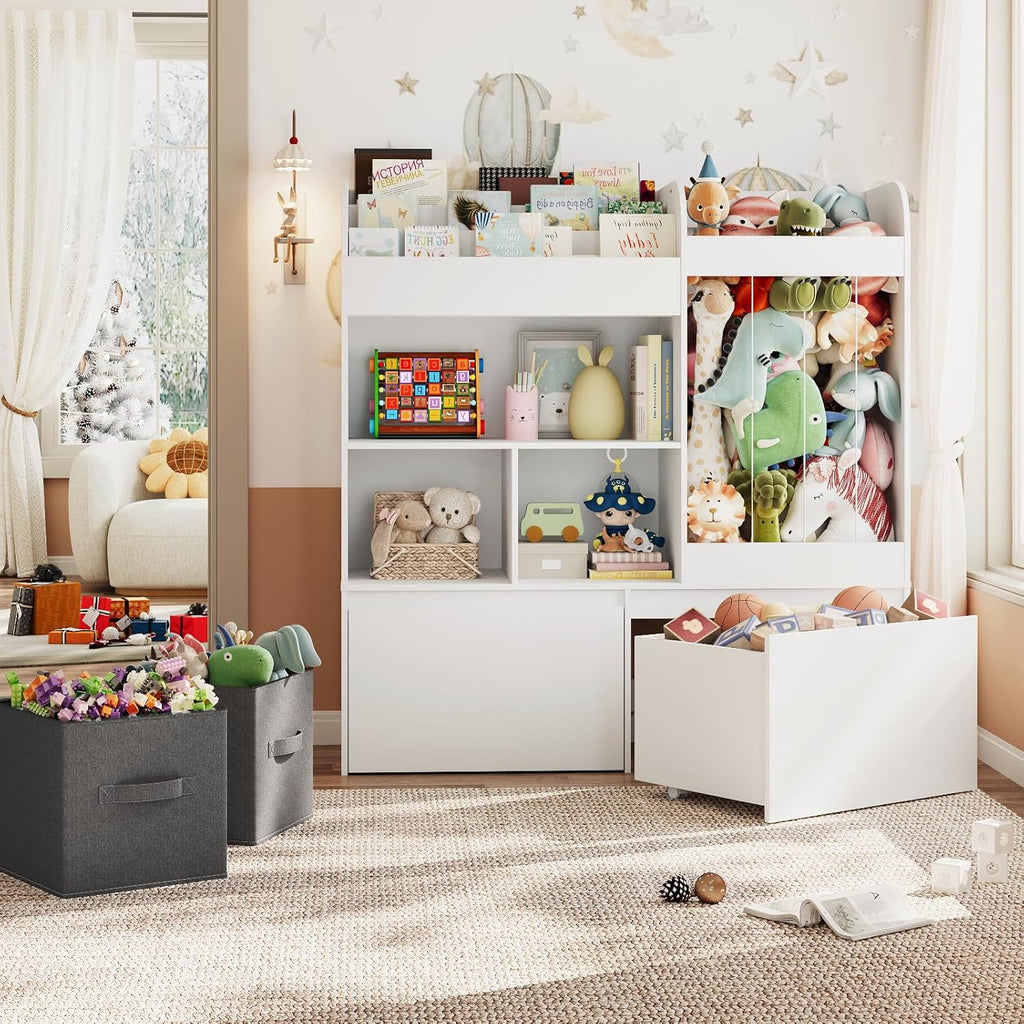 Kids Bookshelf, Stuffed Animal Storage with Play Mat, Wooden Toy Storage Organizer with 2 Movable Drawers and 3 Tier