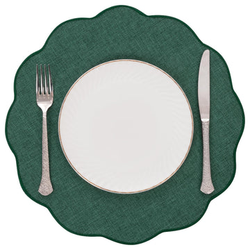 Scalloped Round Placemats Set of 6 Machine Washable, Dark Green