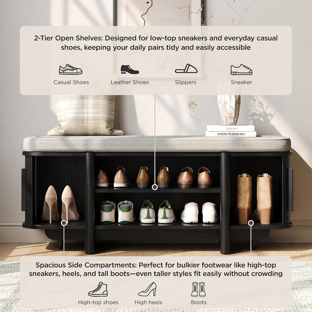 Entryway Shoe Storage Bench with Sliding Doors, 2-Tier Upholstered Shoe Rack Bench with Hidden Storage, Wooden Shoe