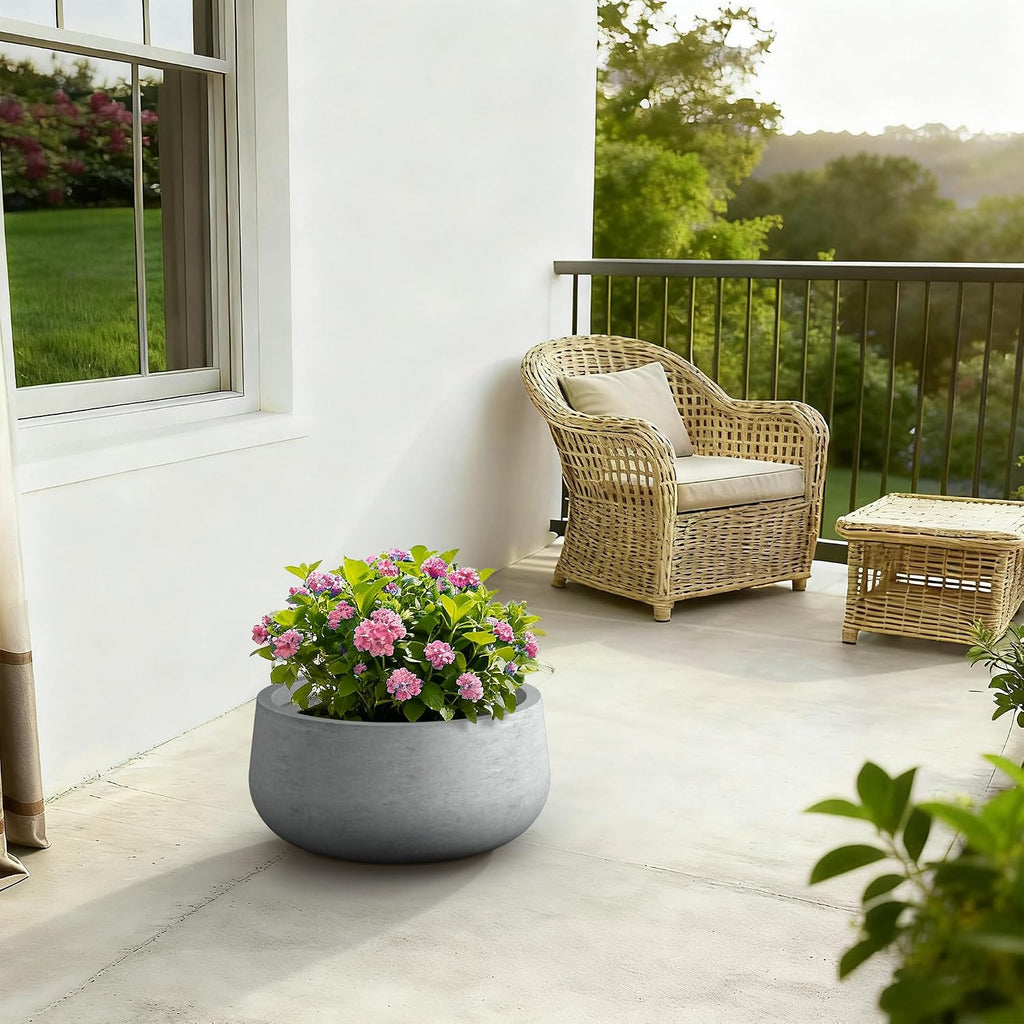 Large Round Bowl Pale Gray Concrete Planter 20" Dia, Outdoor | Rubber Plug for Indoor, Drainage for Garden