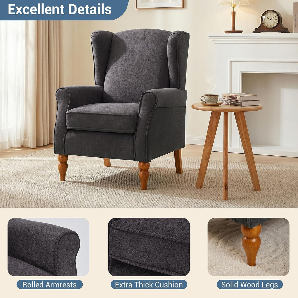 High Back Wingback Accent Chair, Modern Upholstered Armchair Comfy Reading Chair with Solid Wood Legs Bedroom