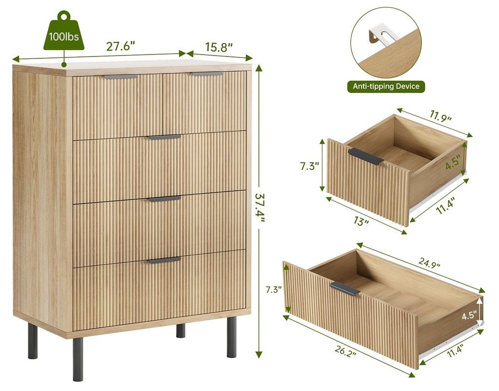 Oak Fluted 5 Drawer Dresser , Modern Wood Chest of Drawers with Wide Drawers, Closet Dresser Organizer with