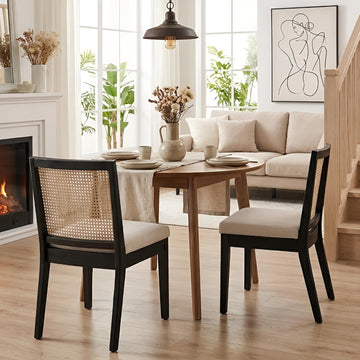 Upholstered Dining Chairs with Square Rattan Back, Armless Padded Linen Cream Cushion Dining Chairs with Wood Legs