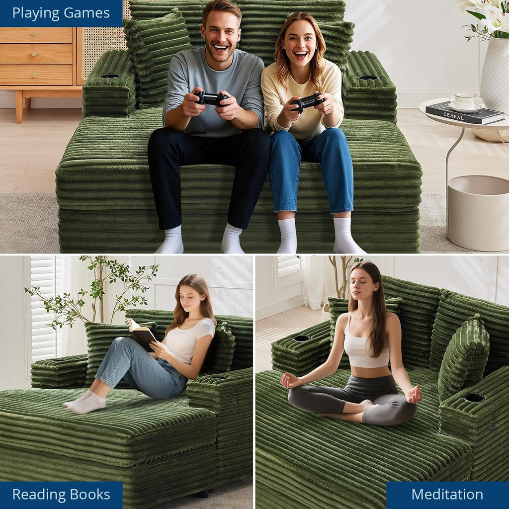 60" Oversized Chaise Lounge Chair Indoor, Comfy Corduroy Lounge Sofa with Charging Station, Upholstered Sofa Bed