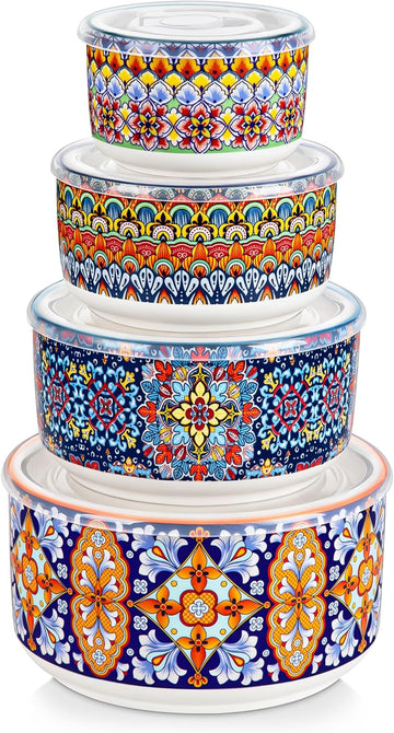 Serving Bowls with Lids, Ceramic Mixing Bowls Set of 4, Boho | Nesting Bowls for Food Storage, Prep, Stackable
