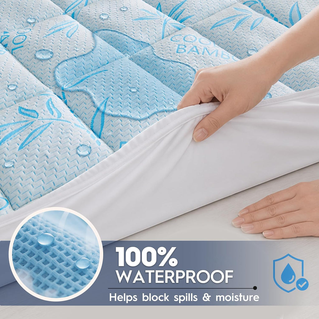 Waterproof Mattress Pad Full Size, Cooling Mattress Protector for Hot Sleepers Made with Bamboo Viscose, Cloud-Soft