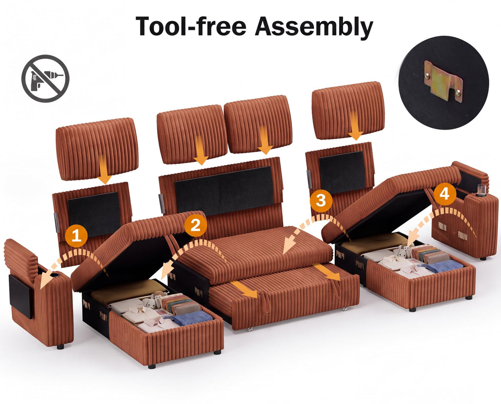 108" Modular Sectional Sleeper Sofa with Pull Out Bed, 4 Seat Plush Corduroy U Shaped Couch with USB Ports|Cup