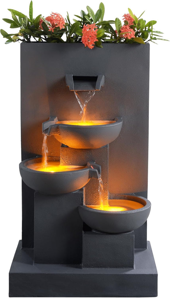 29.13" 3-Tier Cascading Outdoor Water Fountain with Planter, LED Lights Living Spaces, Matte Gray