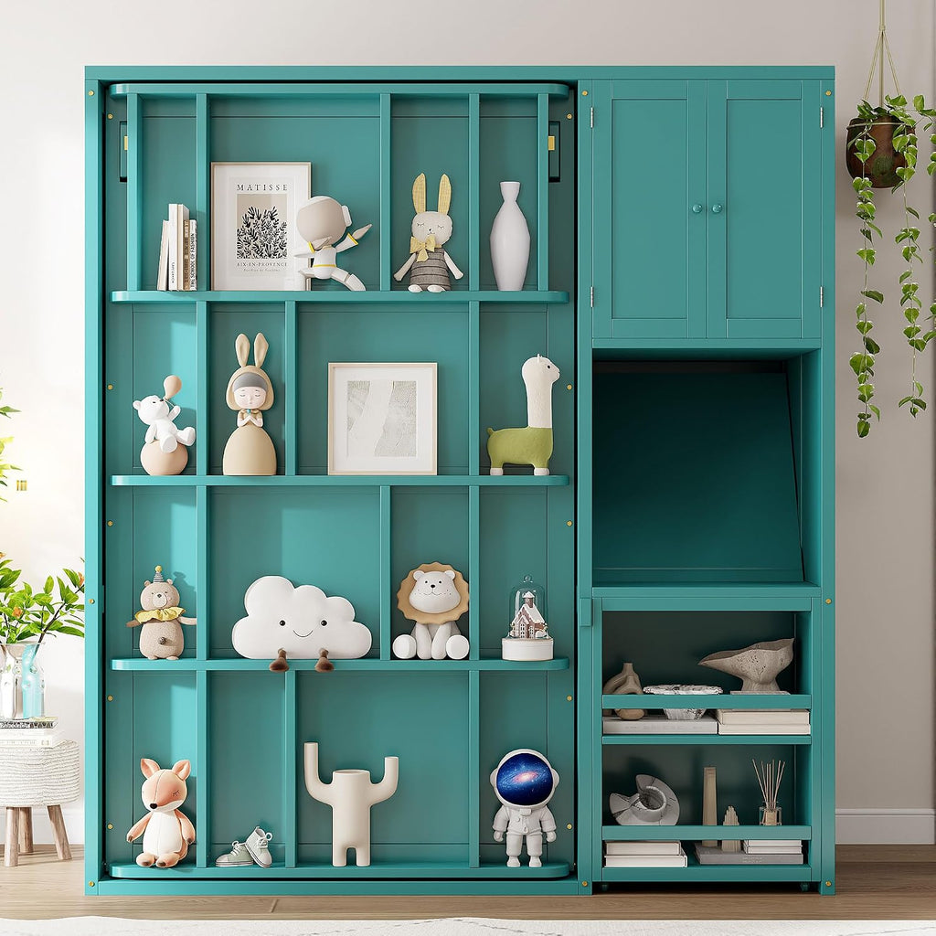 Twin Rotating Wall Murphy Beds, Wood Folding Murphy Wall Bed with Bookshelf, Top Cabinet, Extendable Desk & Side