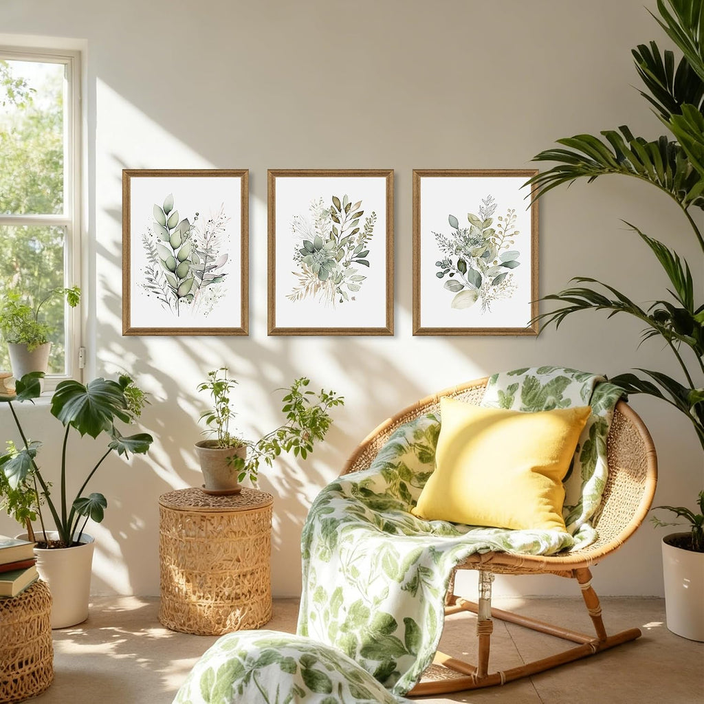 Framed Sage Green Botanical Wall Art Set of 3, Watercolor Eucalyptus & Wild Plant Canvas Prints, Minimalist Green