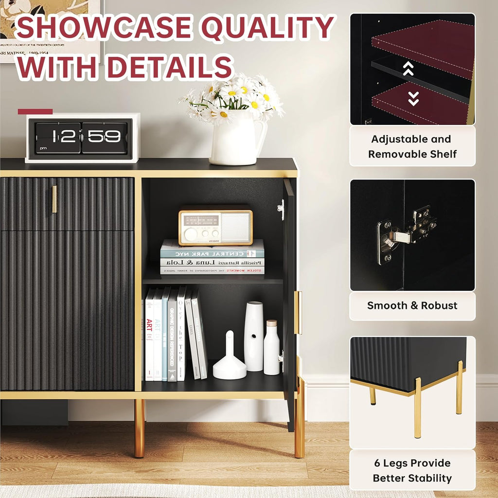 60" Fluted Buffet Cabinet with Storage, Modern Buffets & Sideboard with 2 Drawers, 4 Doors and Adjustable Shelves