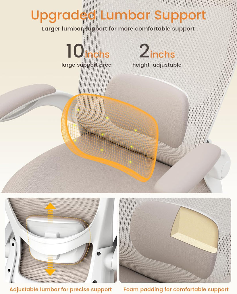 Ergonomic Desk Chair with Adjustable Lumbar Support and Flip up Armrest, Breathable Mesh Computer Chair for Home