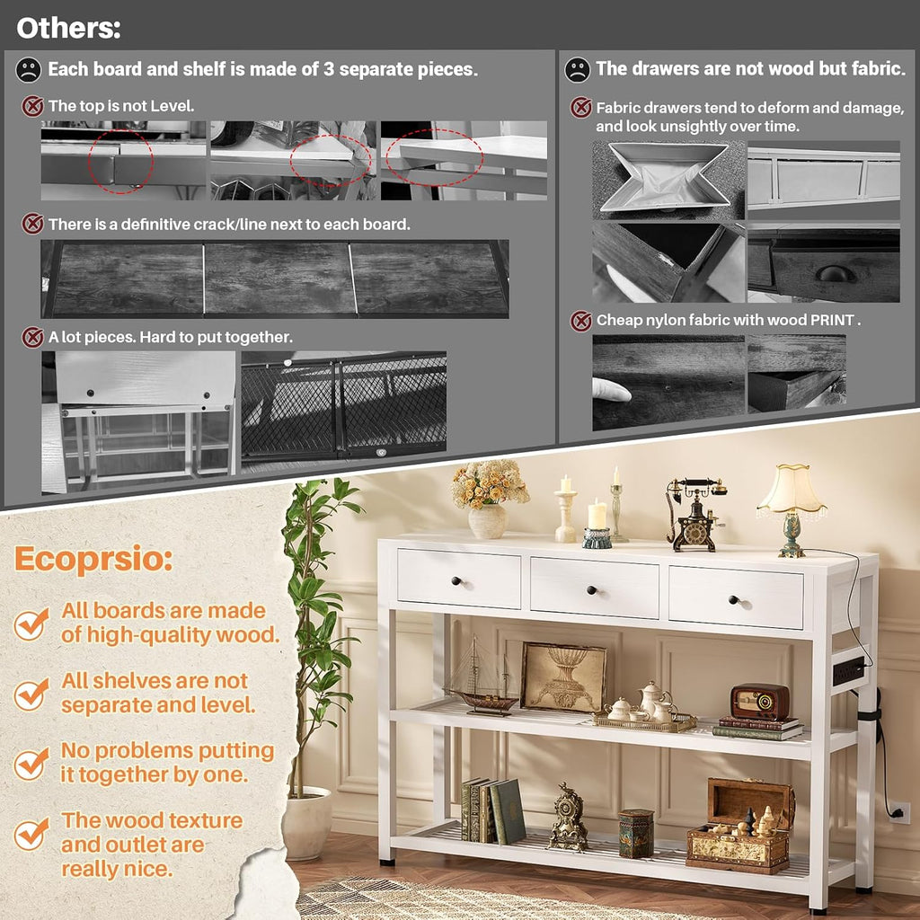 47'' Entryway Table with Outlets and USB Ports, Console Table with 3 Drawers, Sofa Table Narrow Long with Storage