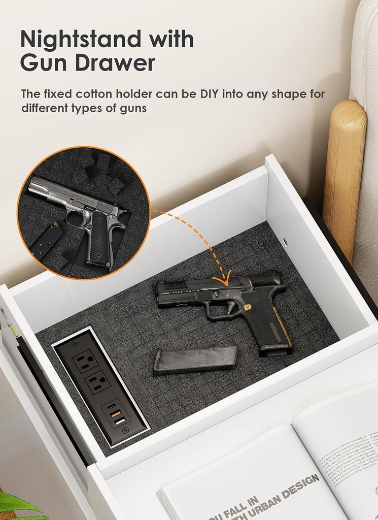 Night Stand with Gun Drawer, Modern Nightstand with Hidden Charging Station, LED Beside End Table with USB and Type-C