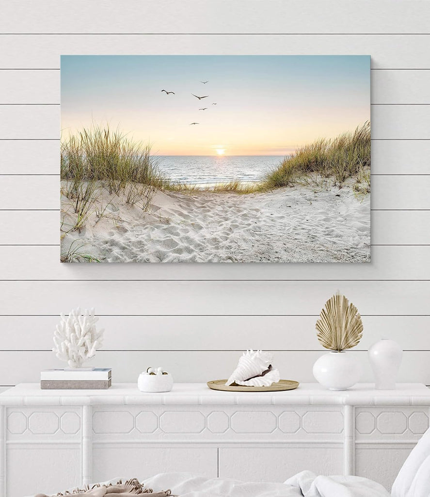 Coastal Wall Art Canvas Picture: Modern Beach Sunset Landscape Print Decor Horizontal Ocean Scene Sea Painting