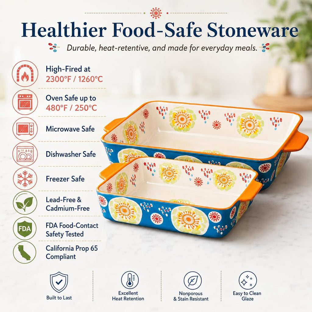 Ceramic Dish Set, 2-Piece Stoneware Casserole Dishes for Oven, 3.4QT & 1.5QT Deep Lasagna Bakeware with Handles