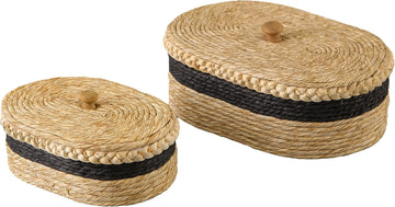 Set of 2 Woven Basket with Lid, Oval Decorative Storage Rattan Box for Shelf Decor/Organization, Boho Jewelry