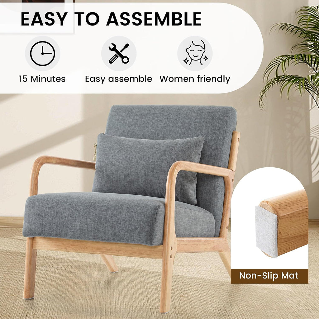 Mid Century Modern Accent Chair Set of 2, Upholstered Chair , Accent Chair with Lumbar Pillow Solid Wood Frame