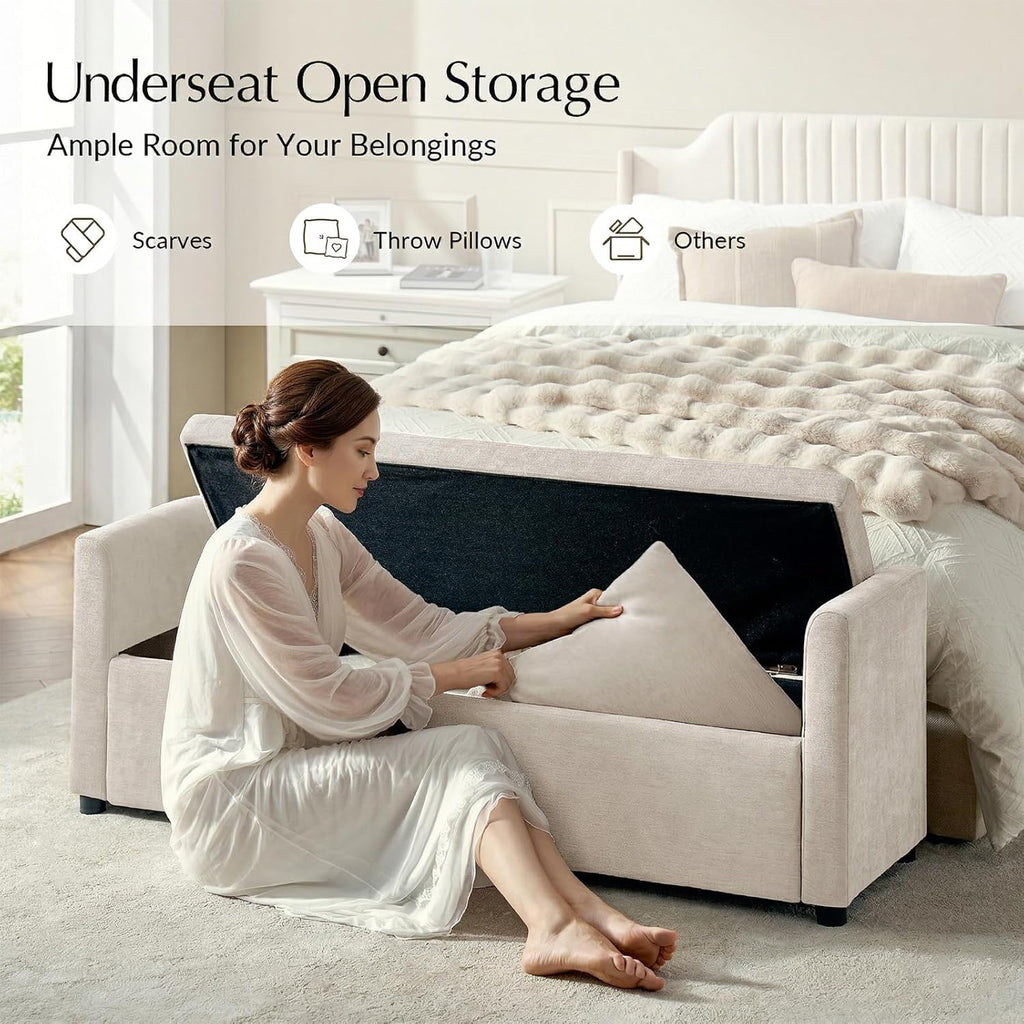 59" Storage Bench with 2 Throw Pillows & Armrests, Linen | Modern Long Bedroom Bench for End of Bed, Comfy