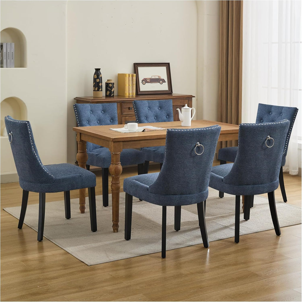 Upholstered Tufted Dining Chairs Set of 2, Fabric Side Dining Room Chairs with Nailhead Back Ring Pull Trim Solid