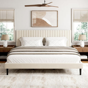 King Bed Frame with Velvet Upholstered Headboard, Platform Bed with Strong Wood Slats, Mattress Foundation