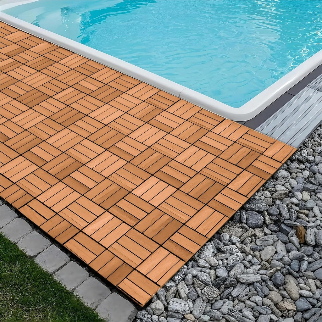 Solid Gold Acacia Wood Interlocking Deck Tiles - Waterproof Snap Together Patio Flooring for All Weather Use on