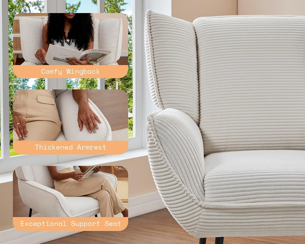 Corduroy Wingback Accent Chair, High Back Armchair with Deep Seat, White | Classic Wingback Style, 32D