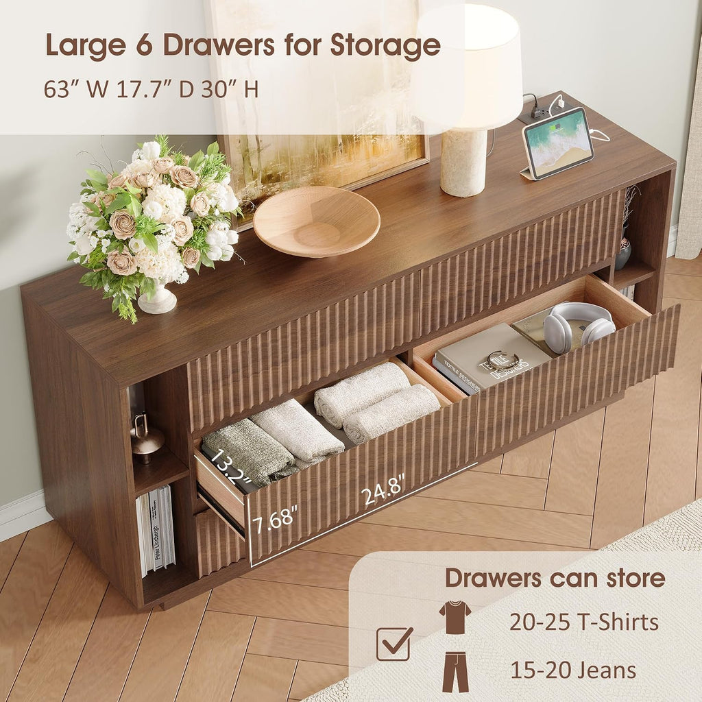 63 Inch Fluted 6 Drawers Dresser with Shelves, Walnut | Large Chest of Drawers , Mid Century Modern, Wood Closet