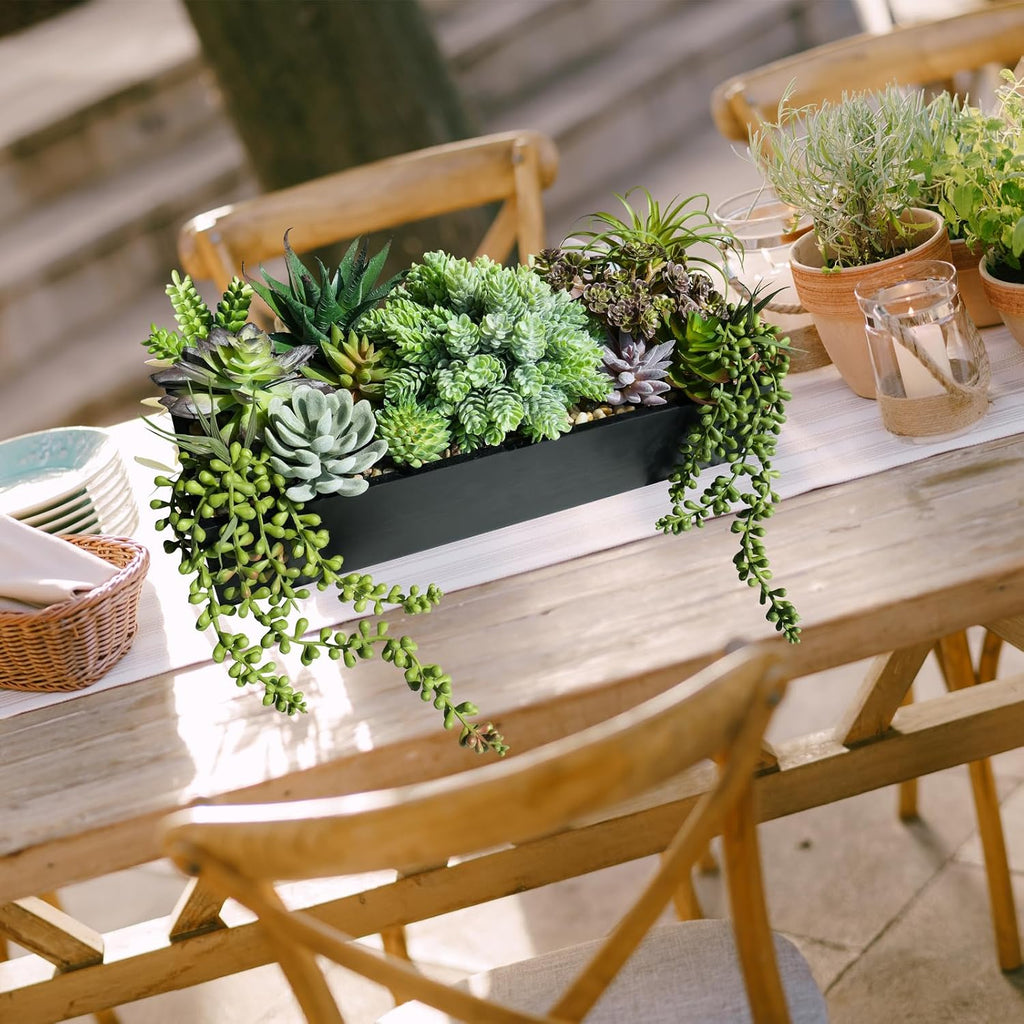 15" Artificial Succulents Arrangement Faux Succulents in Rectangular Black Wooden Planter Box Faux Potted Succulents
