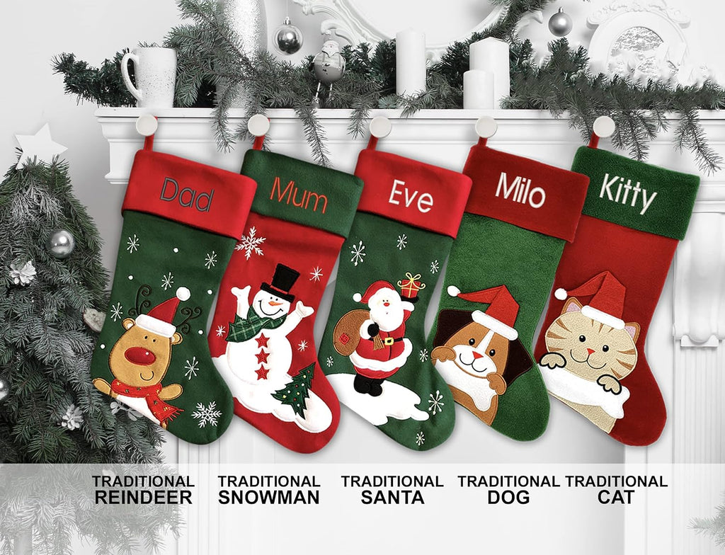 Personalized - Snowman Design - Embroidered Name - Large 18.5inch, Traditional Red and Green, Family Holiday Season
