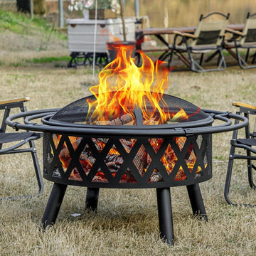 36 Inch Wood Burning Fire Pit with 2 Loops, Outdoor Fire Pit with Spark Screen & Fire Poker
