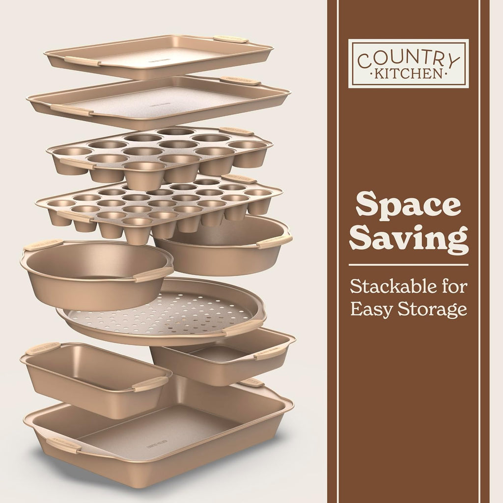 Nonstick Stackable Bakeware Set - Heavy Duty, Durable, Easy Release Set, Gold, 10 Pcs
