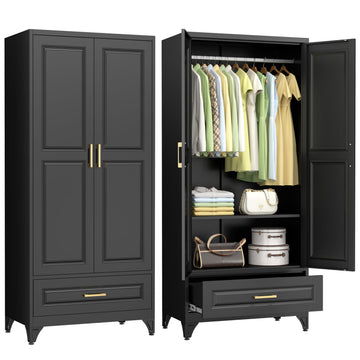 71" Black Metal Armoire Wardrobe Closet with Doors and 1 Drawer
