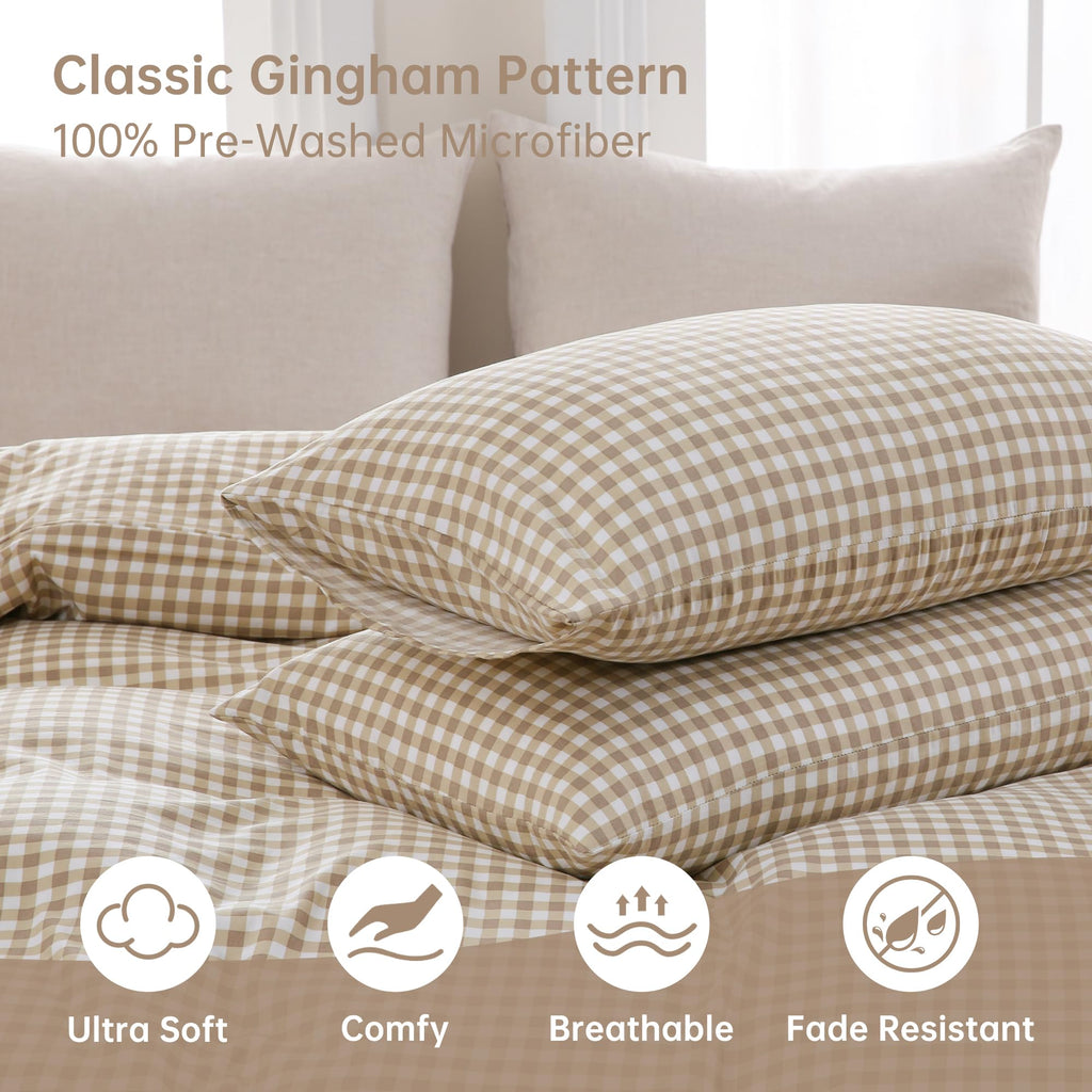 Brown Gingham Duvet Cover Bedding Set Prewashed Extra Soft