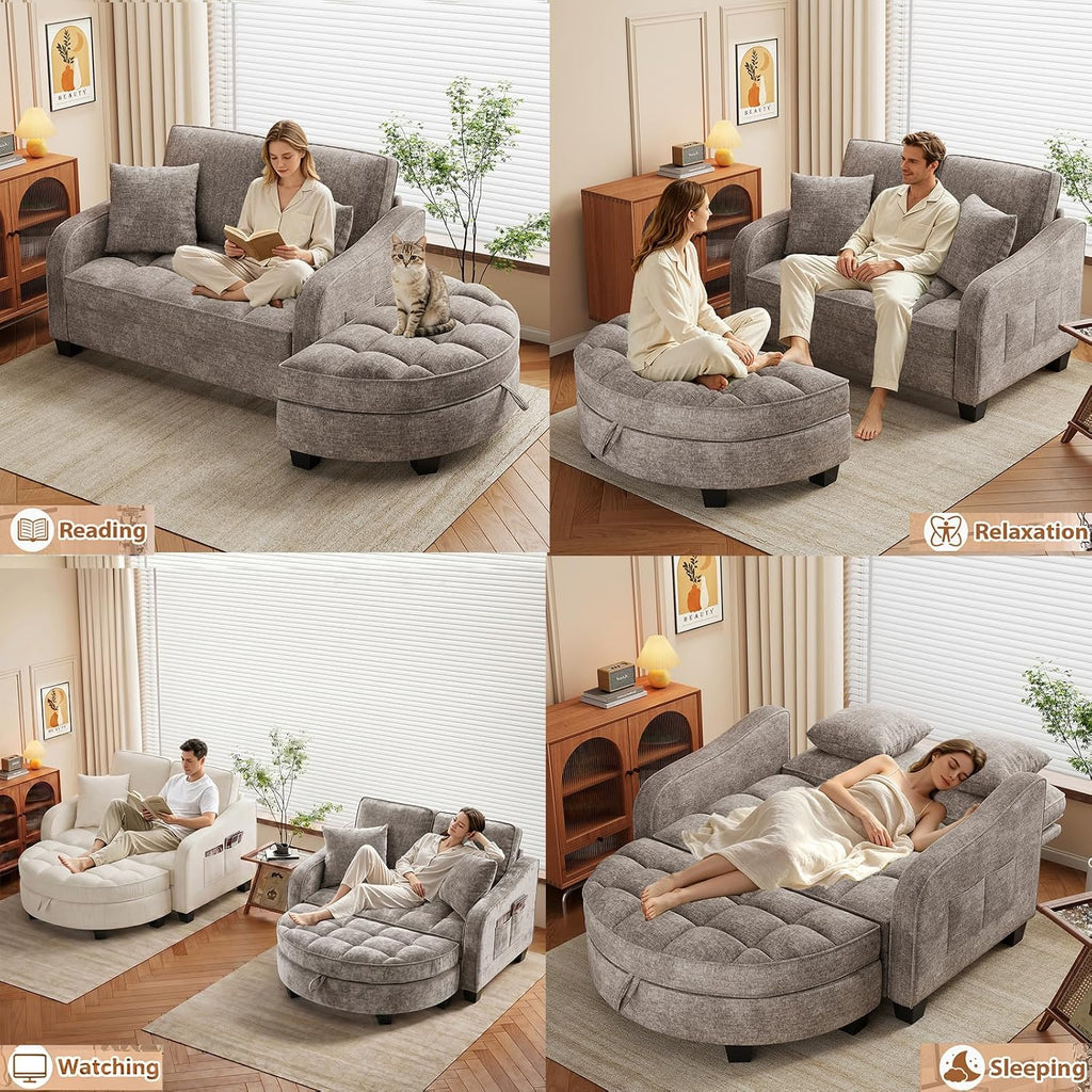 Oversized Curved Chaise Lounge Chair Indoor with Ottoman, 54.8" Cloud Boneless Reading Chair Soft Chenille Circle