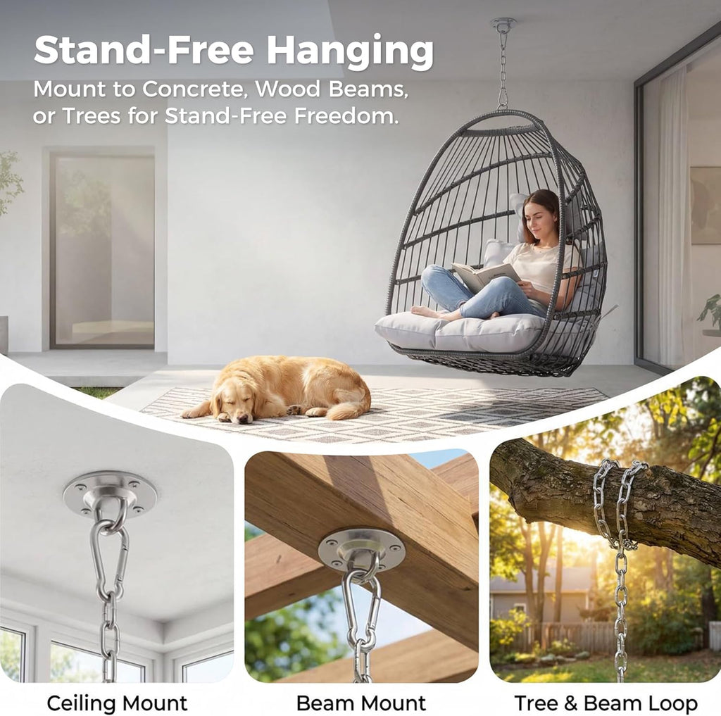Hanging Egg Chair Outdoor Without Stand, Indoor Swing Egg Basket Ceiling Tree Chairs with Cushion, 350lbs Egg-Shaped