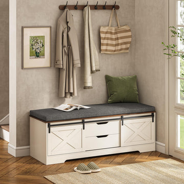 60" Farmhouse Storage Bench with Cushion, Shoe Rack with Slide Barn Doors, Adjustable Shelf and 2 Drawer for Entry