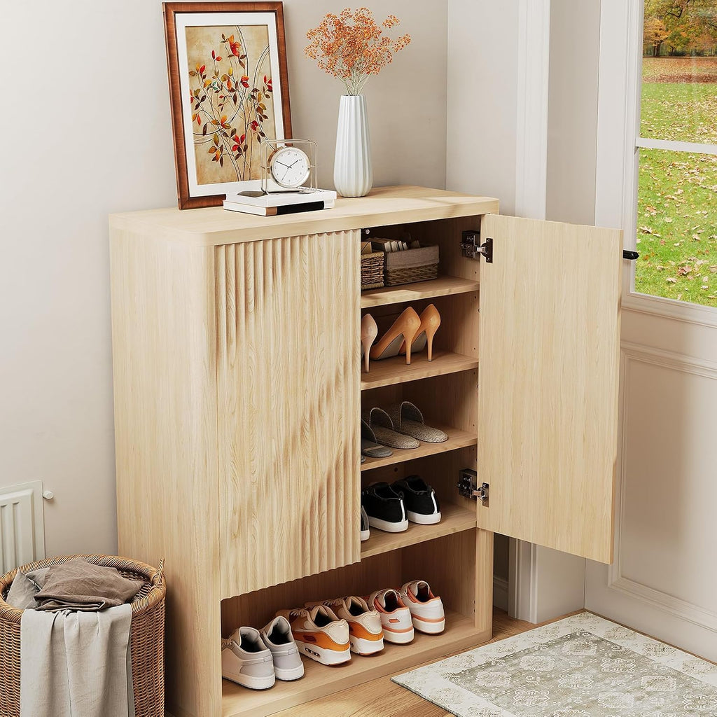 5-Tier Fluted Shoe Cabinet with Adjustable Shelves, Oak | Double Doors, Space-Saving Storage, Natural Oak Finish