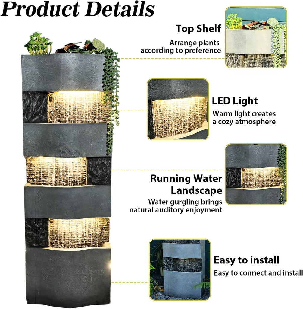 40.5''H Garden Water Fountain Outdoor,4 Tiers Floor Standing Waterfall Outdoor Fountains with LED Lights