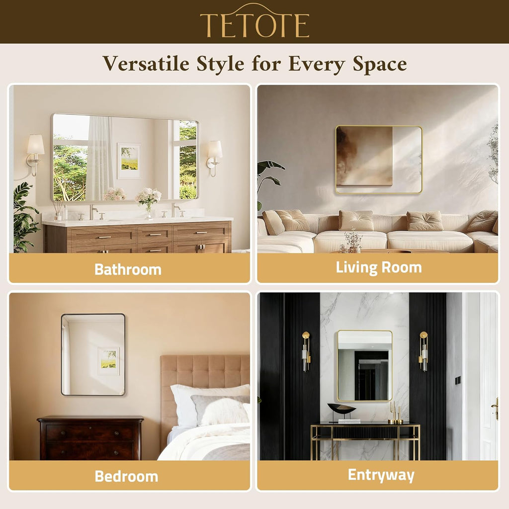 40 x 30 Inch Gold Bathroom Mirror, Brushed Brass Metal Frame Mirror for Vanity, Rectangle Wall Mounted Golden Modern